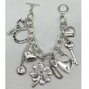Vintage silver tone charm bracelet key clover heart horseshoe